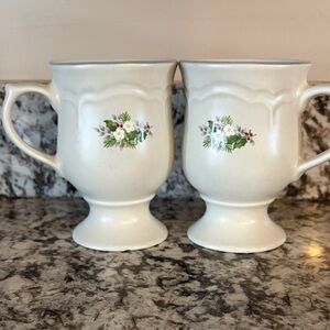 Pfaltzgraff Cream Pedestal Mugs with Green and Red Floral Accents - Set of 2